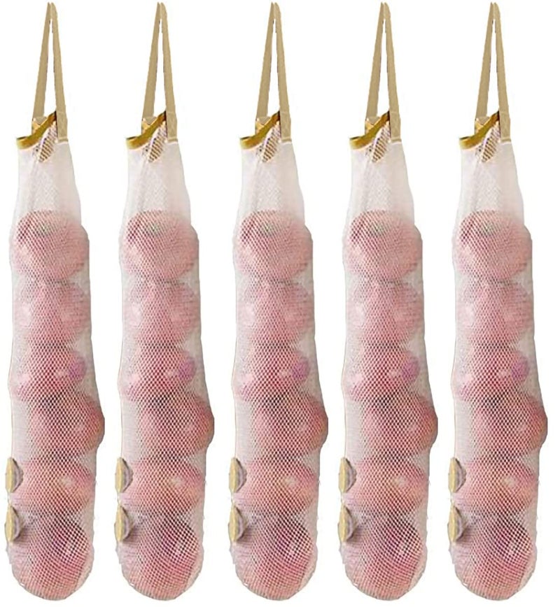 Ahyuan Hanging Mesh Storage Bags 5 Pack Onion Garlic Potatoes Net Mesh Bag Long and Large Reusable Net Produce Bags for Fruit Veggies Garbage Bag for Home RV Camper - Image 1